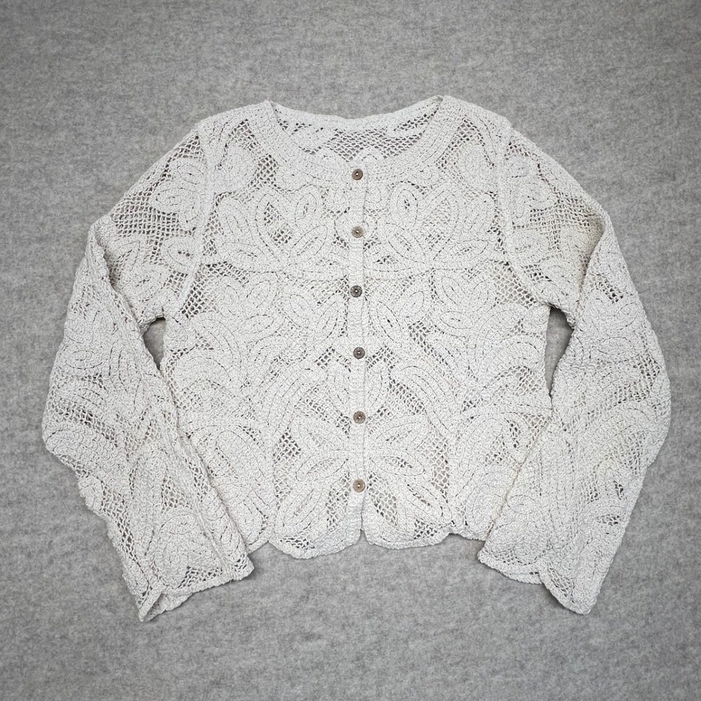 Crochet Cardigan Women Small Cream Excellent Floral Lace Button Front